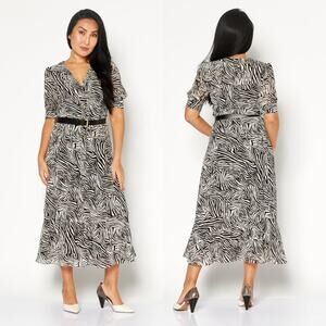 NWT Michael Kors Zebra Print Georgette Belted Puff Sleeve Midi Shirt Dress Med